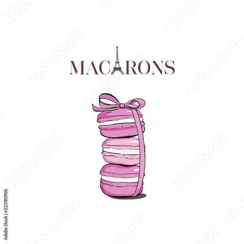Hand drawn watercolor of pink macaron cakes, french pastry dessert. Macarons text with Eiffel Tower. Vector illustration, isolated on white background. Set off macaroons with ribbon bow.