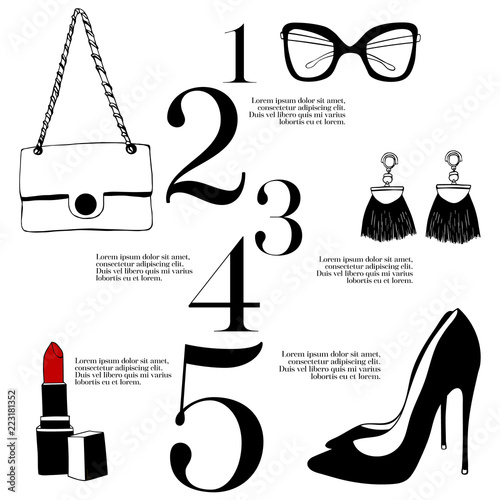 Fashion accessories. Woman collection: bag, shoes, high heels, sun glasses, lipstick, earring . Hand drawn style design. Magazine concept style With place for your text Template Vector