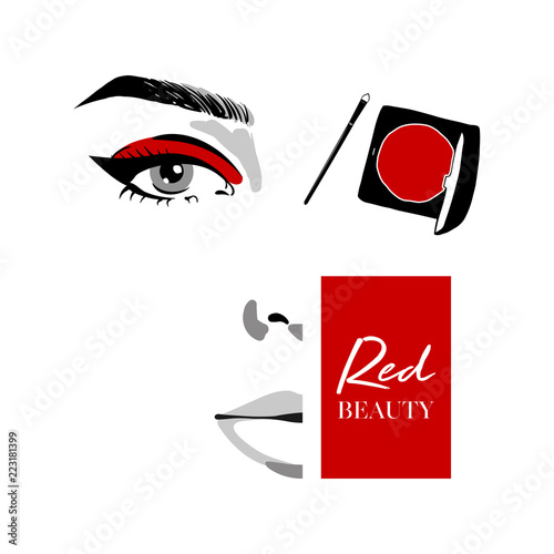 Fashion woman with makeup eyes sketch. Face woman portrait and red eyeshadow with make up brush. Beautiful young woman portrait with elegant makeup. Beauty Fashion model. Sketch. Vector illustration.