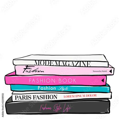 Fashionable illustration with stack of books and fashion magazines. Vogue and Beauty style. Fashion vector fashion illustration design. Hand drawn sketch. Fashion. Set of trend book in doodle style.