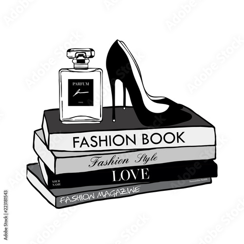 Vector fashion illustration. High heels shoes, Perfume, fashion magazines books. Hand drawn beautiful concept for girls. Fashionable illustration with stack of books, fashion magazines in Beauty style photo