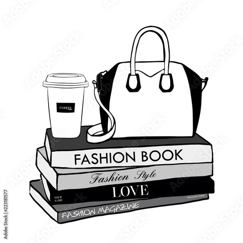 Vector fashion illustration. Cup coffee and woman bag, fashion magazines books. Hand drawn beautiful concept for girls. Fashionable illustration with stack of books, fashion magazines in Beauty style