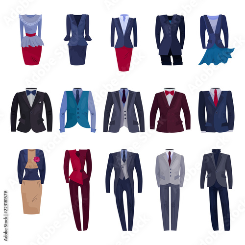 Business suit vector businessman or businesswoman corporate suited clothes illustration set of manager or worker dress code clothing at office isolated on white background