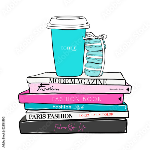 Stack of Macaroons with bow ribbon design with coffee cup on fashion magazines books. Hand drawn beautiful girls concept. Fashionable illustration with stack of books, fashion magazines, macaron cakes