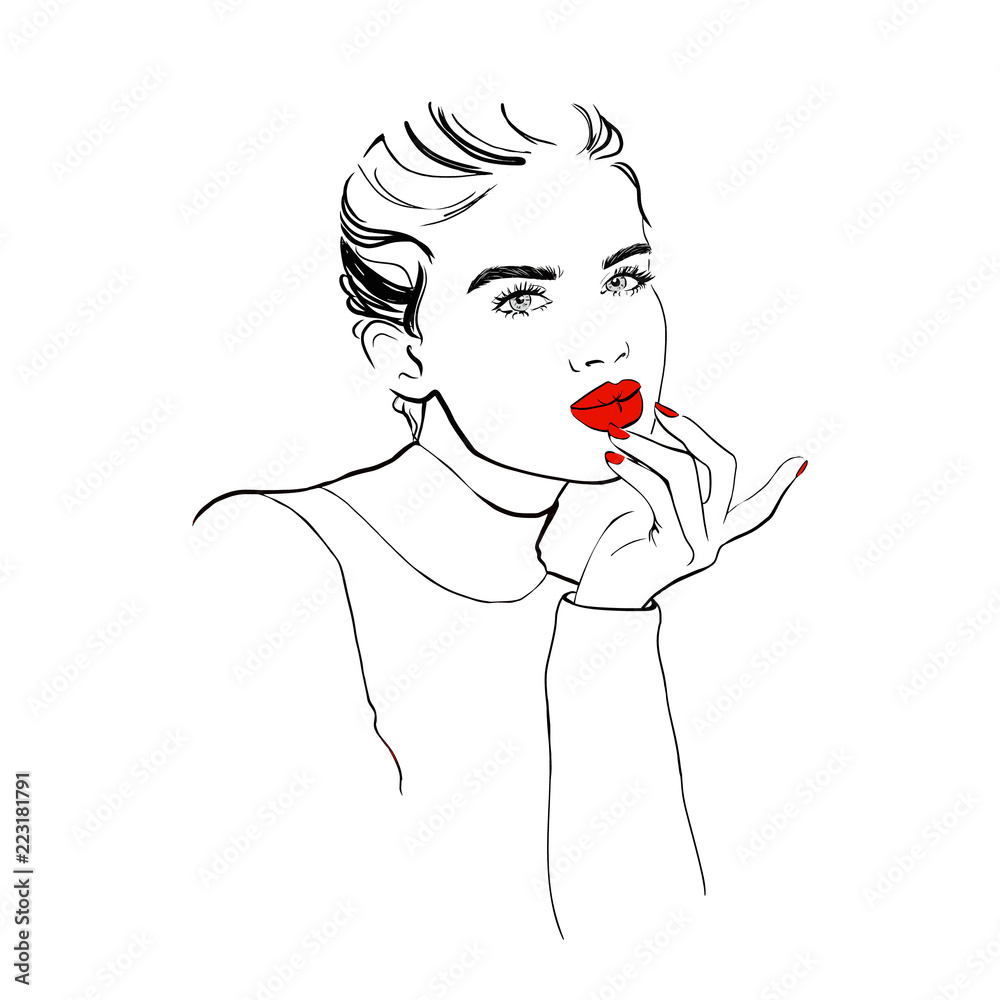 Fashion beautiful woman in black sweater and earrings. Sketch. fashion Girl with red lips sketch. Hand drawn fashion girl. model posing. Sketch. Vector illustration. Fashion, style, beauty Fashion beautiful woman in black sweater and earrings. Sketch. fashion Girl with red lips sketch. Hand drawn fashion girl. model posing. Sketch. Vector illustration. Fashion, style, beauty
