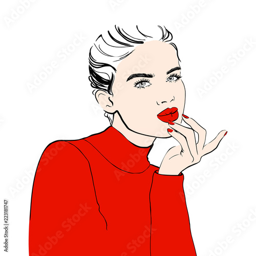 Fashion woman sketch woman in red sweater with red lips sends air kiss. Woman fashion. Girls face. Stylish model. Trendy art in vogue style. Sketch. Vector illustration. Fashion, style, beauty