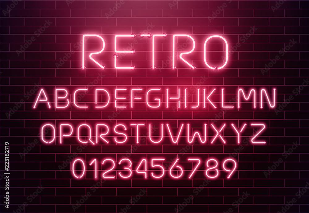Light neon font letter set. Bar sign vector type. Glowing casino and cinema red text alphabet on brick wall background. Retro background.