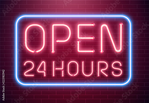 Bar open light Neon Sign. Night store red glowing letters . Open 24 hours sign