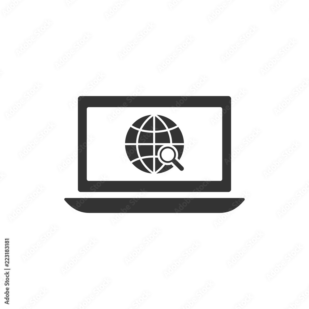 Web browsing and search concept icon. Laptop, globe symbol with magnifying glass. Web browsing and search concept icon. Laptop, globe symbol with magnifying glass.