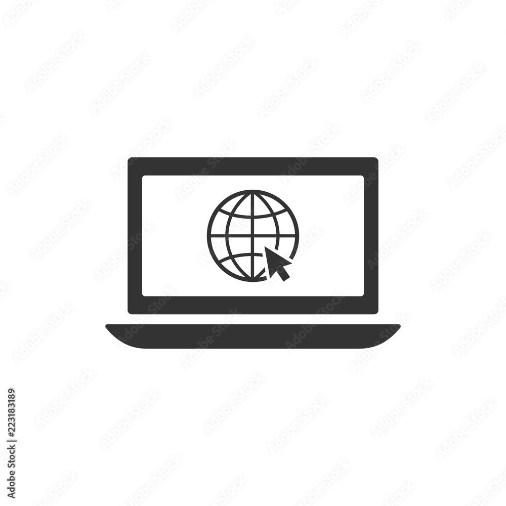 Web browsing concept icon. Laptop with globe and mouse arrow pointer. Globe with cursor. Web browsing concept icon. Laptop with globe and mouse arrow pointer. Globe with cursor.