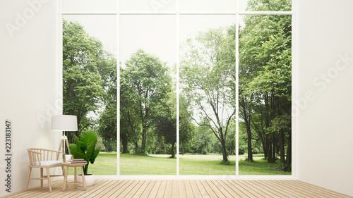 Living room in home and nature view - Relax area in living room and forest view background - Interior simple design for residential artwork - 3D Rendering