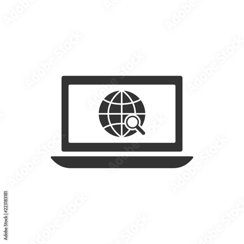 Web browsing and search concept icon. Laptop, globe symbol with magnifying glass.