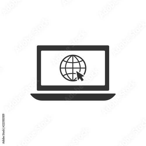 Web browsing concept icon. Laptop with globe and mouse arrow pointer. Globe with cursor.