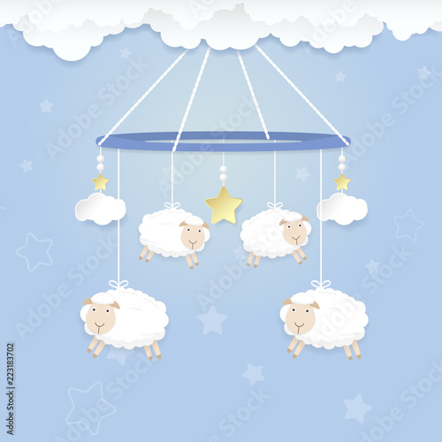 Hanging mobile of baby with sheep toy and cloud on blue. Happy Birthday car