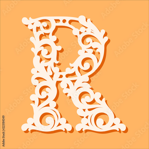 Laser cut template. Initial monogram letters. Fancy floral alphabet letter. May be used for paper cutting. Floral wooden alphabet font letter. Filigree cutout pattern. Vector illustration.