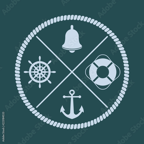 Ship's wheel, bell, anchor and lifebuoy silhouettes with crossed lines and circular rope frame.