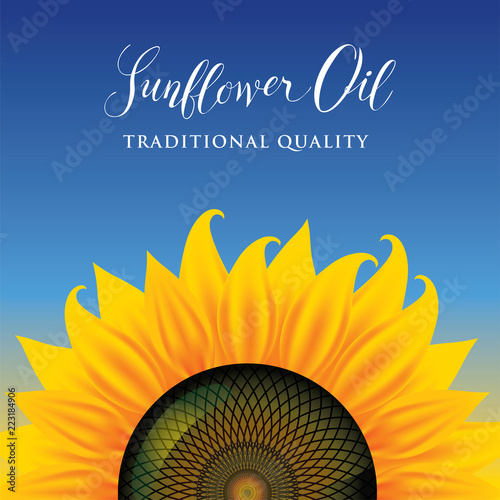 Vector banner or label for sunflower oil with sunflower and calligraphy handwritten inscription on blue gradient background