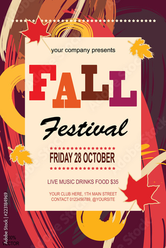 Fall Festival flyer or poster template. Bright autumn leaves on abstract background with line art doodle brushed pattern. Calligraphic inscription Fall Festival and space for your text. Vector EPS 10
