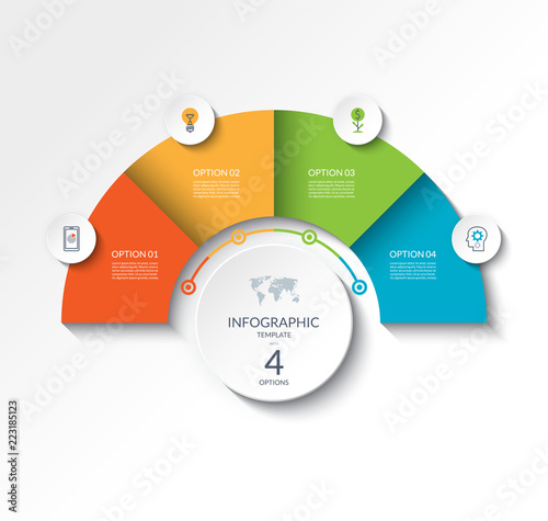 Business infographic semicircle template with 4 options. Can be used as a chart, workflow layout, diagram, data visualization, minimalistic web banner.