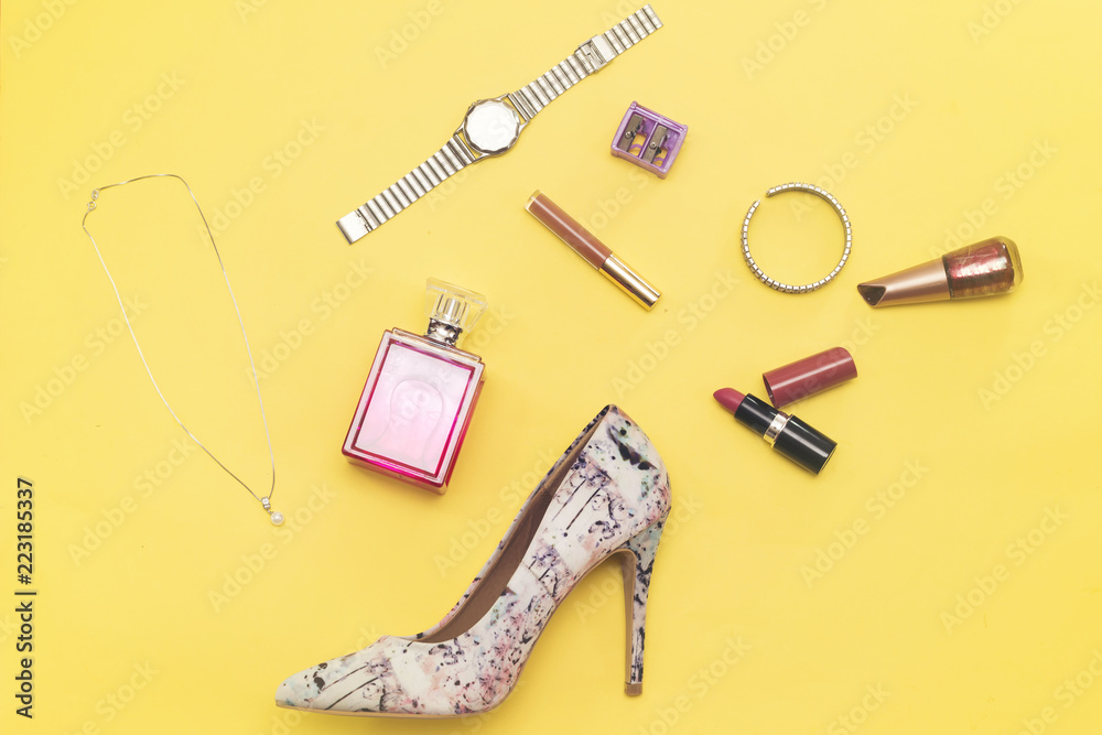 fashion and beauty set isolated on yellow background fashion and beauty set isolated on yellow background