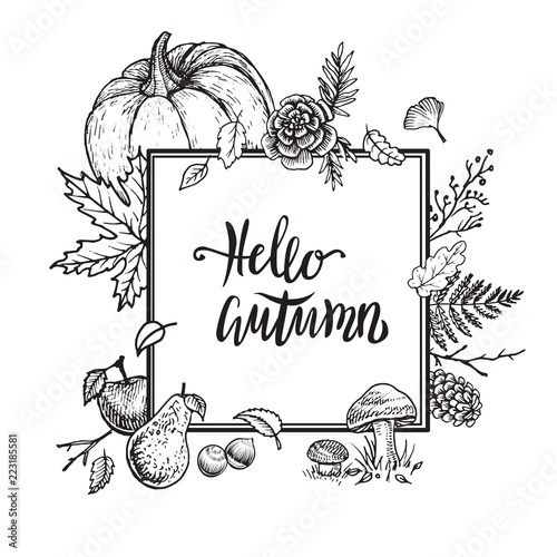 Hello Autumn vector frame. Hand drawn vintage template design.
