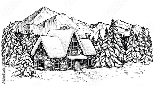 House in the winter mountines, covered with snow and surrounded by fir forest. Vector Christmas idyllic landscape.