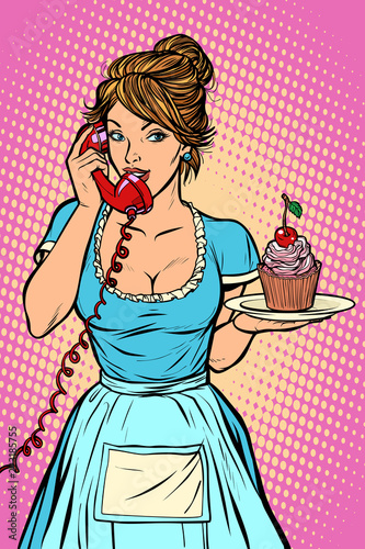 cupcake with cherry Delivery. Hotel service. Waitress