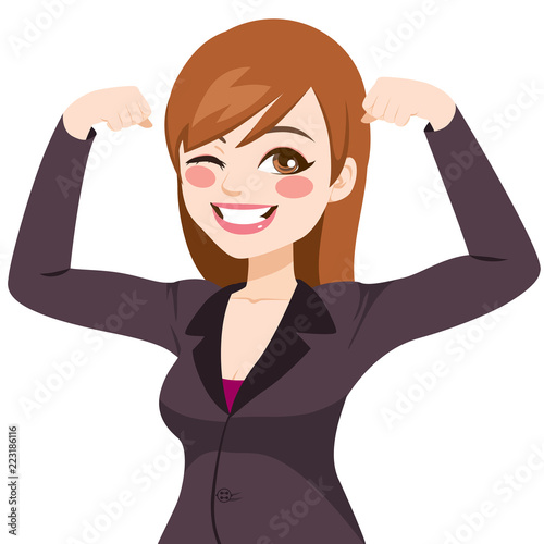 Beautiful young strong powerful businesswoman wearing suit winking eye and showing her muscles