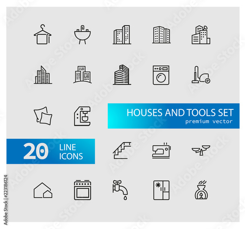 Houses and tools icons. Residential district, coffee machine, fridge. Home services concept. Vector illustration can be used for topics like domestic life, public service, housing development