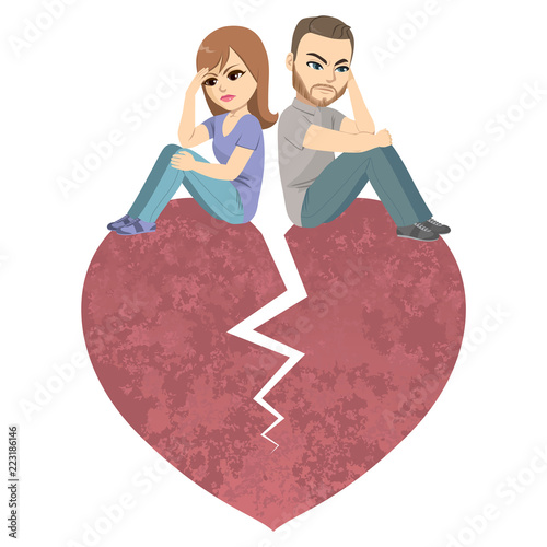 Angry couple sitting on big red broken heart divorce argument breakup concept