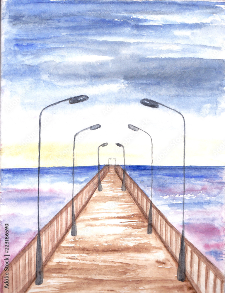 Bridge with lanterns. Watercolor painting. Sea landscape. Hand drawn Illustration of sunset. Abstract postcard or poster.