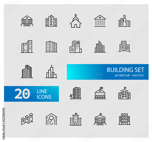 Building icons. Set of line icons. Church, museum, bank. Architecture concept. Vector illustration can be used for topics city, public estate.