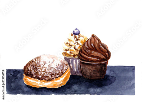 Tasty Chocolate and caramel cupcakes and doughnut on black table. Hand drawn watercolor illustration.