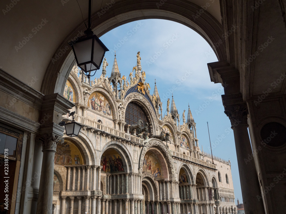 August 2018: Photo from iconic Saint Mark square in famous Venice, Italy. View of Basilica di San Marco