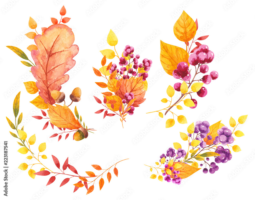Autumn decoration Watercolor leaves and berries Fall elements