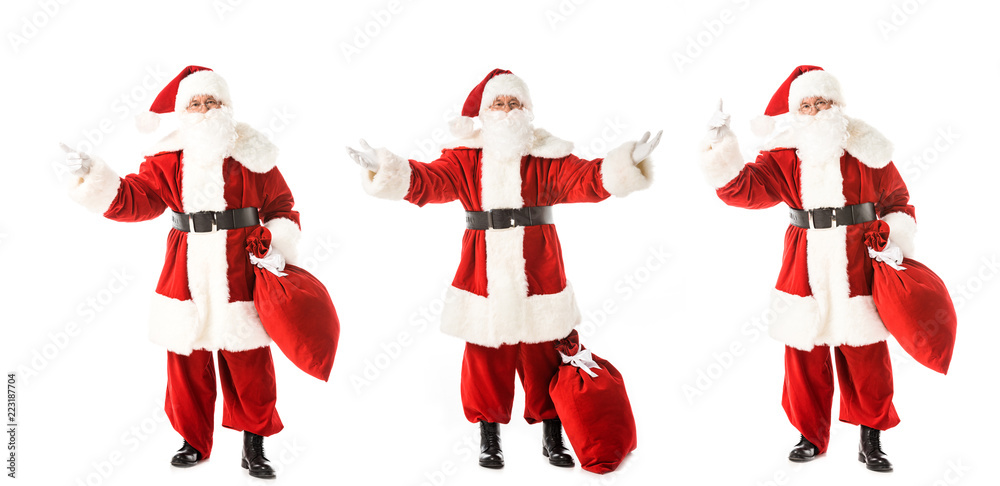 collage of gesturing santa claus with sack in various poses isolated on white collage of gesturing santa claus with sack in various poses isolated on white