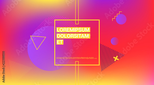 Memphis Minimal Cover Horizontal Vector Template. Neon Gradient Overlay, Small Space Particles Background. Geometric Memphis Design Elements, Horizontal Music Poster. Vintage Elemets Business Design.