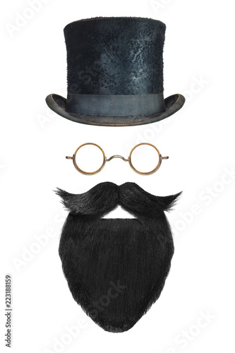 Vintage gentleman hat, glasses and black beard with curly mustache isolated on white