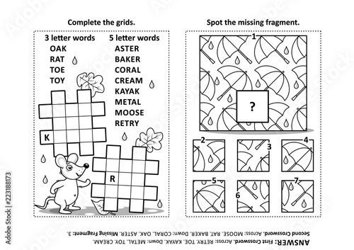 Activity page with two puzzles. Fill-in crossword puzzle or word game. Spot the missing fragment of pattern with rain and umbrellas. Black and white. Answers included.