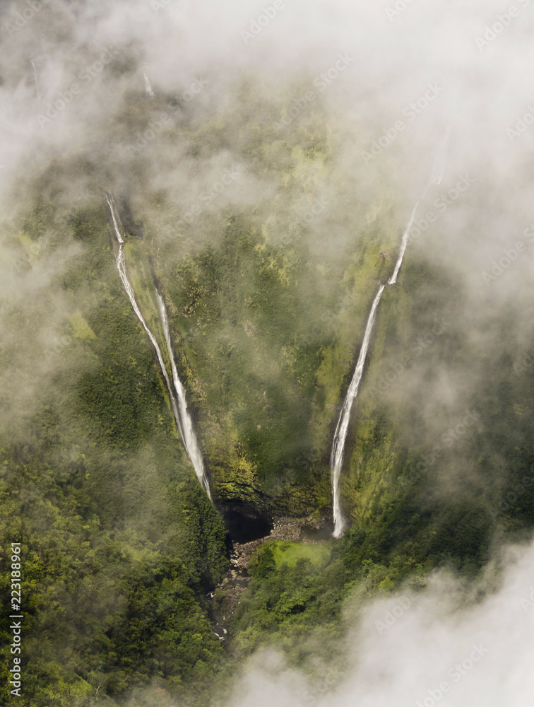 Fototapeta premium A Pair of Waterfalls in the Mist, West Maui Mountains, Hawaii