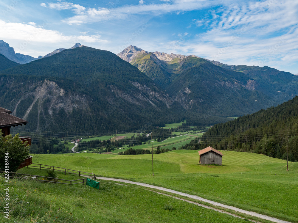 Beuatiful view of idyllic mountain scenery in the Alps with fresh green meadows in bloom on a beautiful sunny day in summer. Switzerland, august, 2018