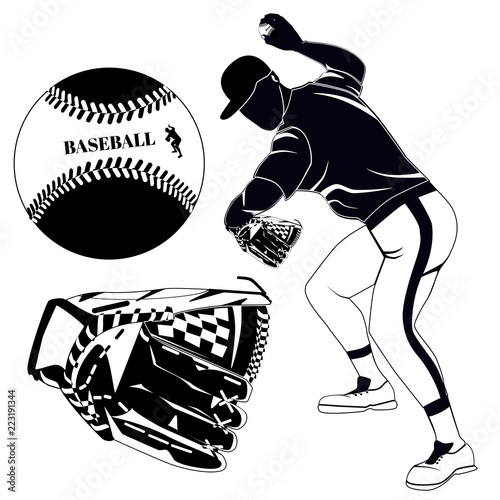 Black baseball pitcher, glove and ball vector illustration