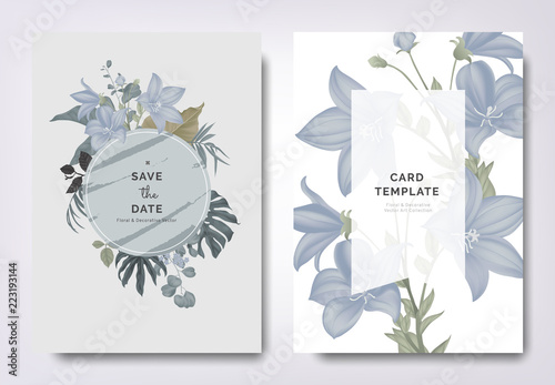 Botanical wedding invitation card template design, Platycodon or balloon flowers and leaves with circle frame on gray background, vintage style
