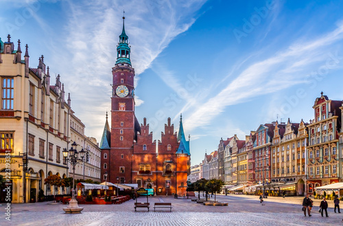 Market Square with Town Hall in Wroclaw, Poland early in the morning. Colorful cities concept. photo