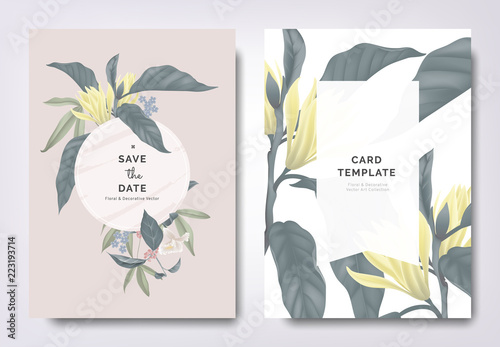 Botanical wedding invitation card template design, white Champaka and other leaves with white frame on brown background, vintage style