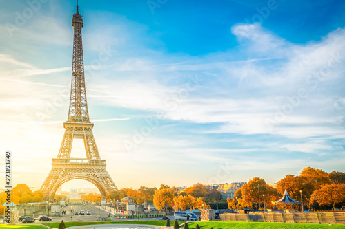 view of Eiffel Tower with blue sky at fall, Paris, France