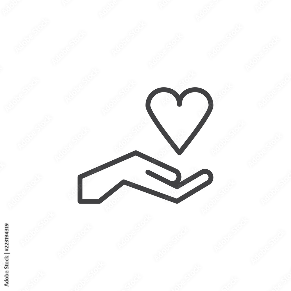Heart on hand outline icon. linear style sign for mobile concept and web design. Charity simple line vector icon. Share love symbol, logo illustration. Pixel perfect vector graphics Heart on hand outline icon. linear style sign for mobile concept and web design. Charity simple line vector icon. Share love symbol, logo illustration. Pixel perfect vector graphics