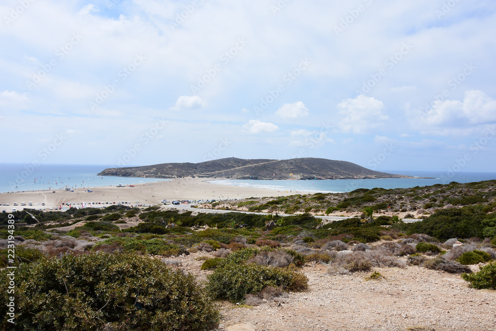 The beautiful Prassonissi beach on the Greek island of Rhodes.