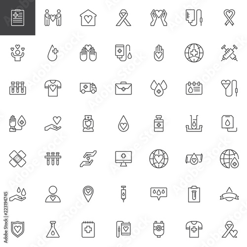 Blood donation outline icons set. linear style symbols collection  line signs pack. vector graphics. Set includes icons as Medical history  Solidarity  Heart home  Awareness ribbon  Charity  Test tube
