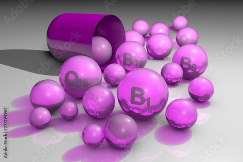 Essential vitamins B1, B6, B12 and coenzyme Q10 pills . Vitamin and mineral complex. Healthy life concept. 3d illustration photo